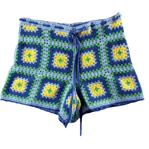 Zara Crochet Set Women Blue Yellow Small Granny Square Boho Festival Matching - Picture 5 of 16